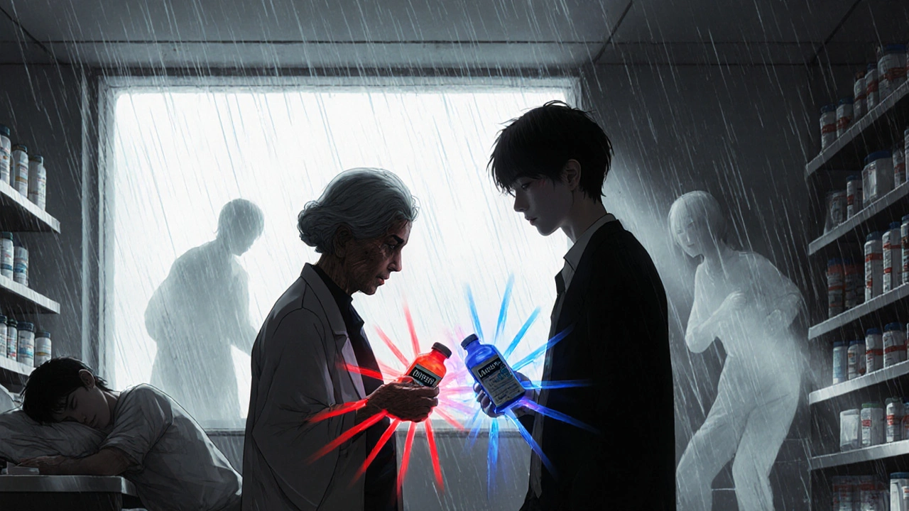 An elderly woman hesitating between old and new allergy meds in a pharmacy, with warning glows and fading user silhouettes.