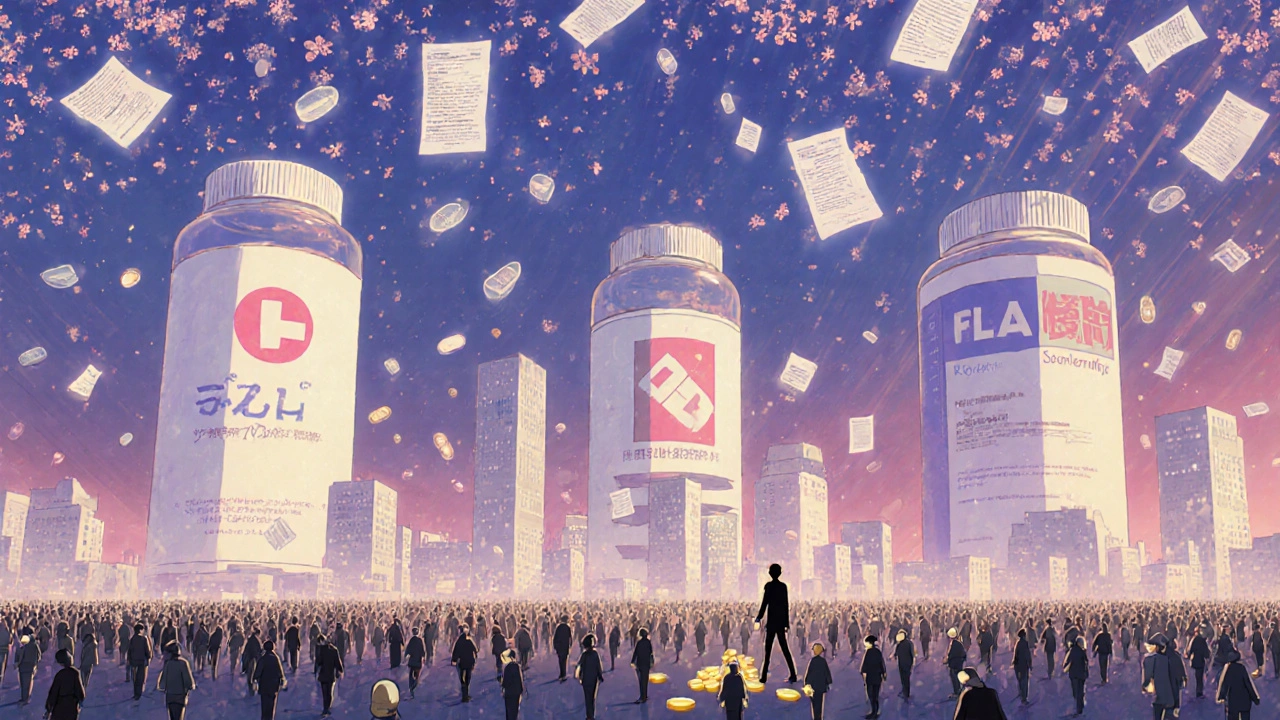 Cityscape of pill-shaped buildings, people holding generic pills that glow softly against a twilight sky.