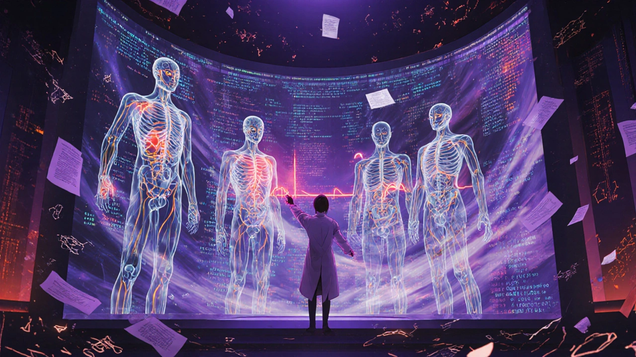 Computer terminal projecting 10,000 virtual patients with drug interactions, oncologist at center.