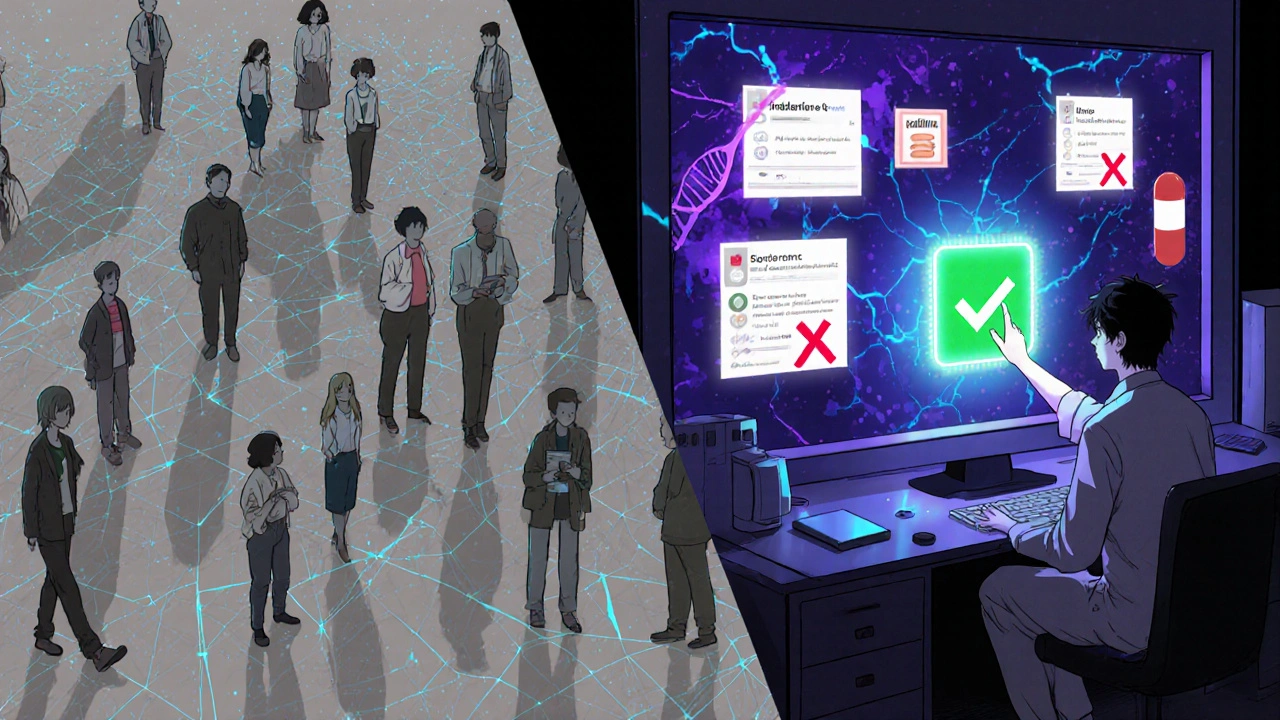 Diverse people linked by DNA strands connect to a pharmacist updating a genetic record.