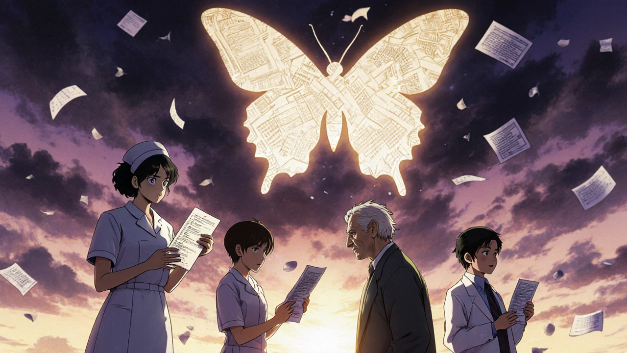 Diverse people releasing report forms as butterflies toward a giant FDA warning sign.