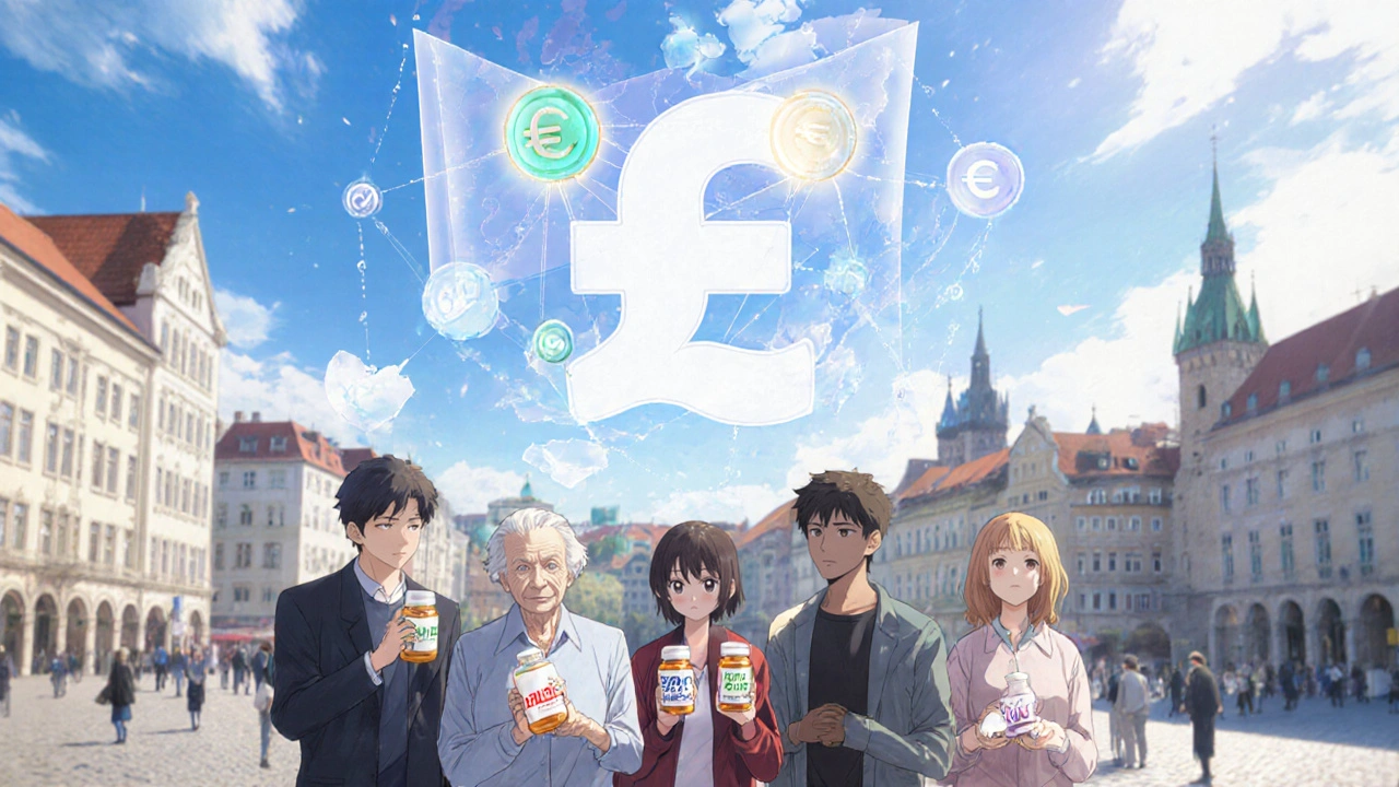 EU citizens stand united, holding generic drugs, as a glowing European health network forms above them in the sky.