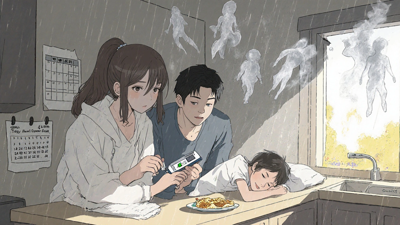 Family in kitchen with high ketone reading, child asleep, insulin pen in hand, rain streaks outside window.