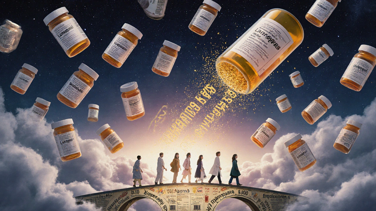 Floating prescription bottles releasing golden particles that form &#039;Therapeutic Equivalence&#039; in the sky.