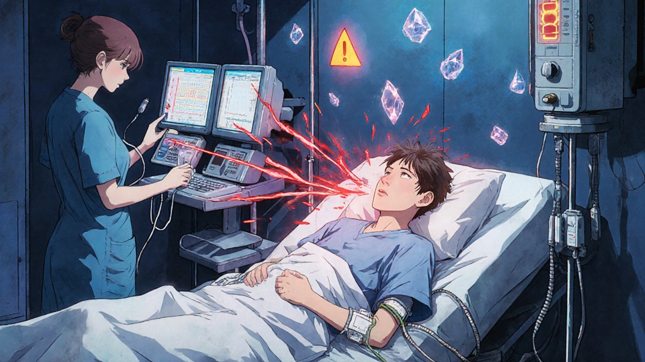 Hospital ER scene with patient in distress, IV lines and monitors, Kussmaul breathing visualized as red wind lines.