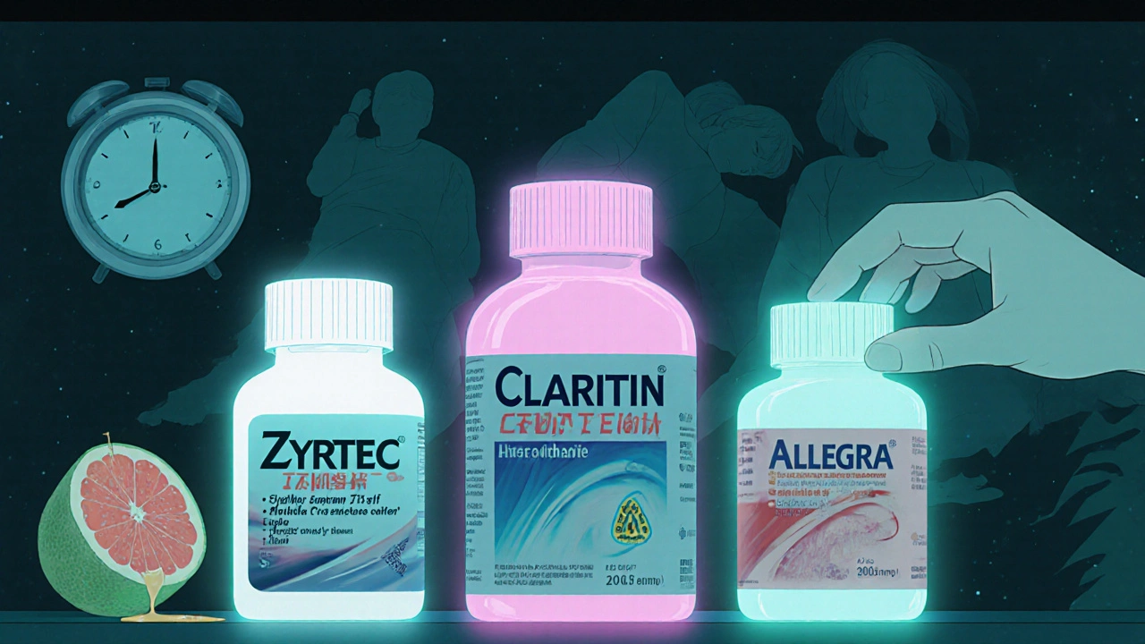 Pharmacy shelf at night with three glowing allergy meds, a hand reaching for Allegra as a grapefruit drips nearby.