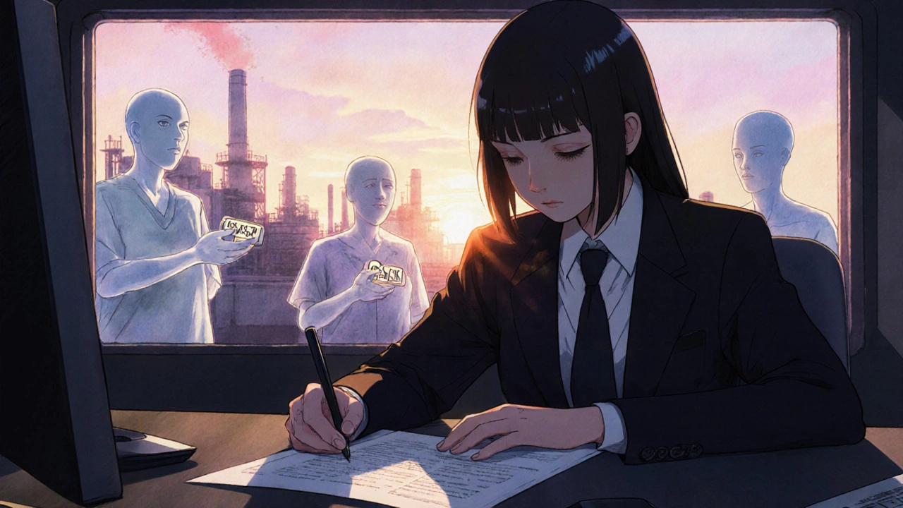 Quality manager signing a report as ghostly patients watch silently through a sunrise-lit window.