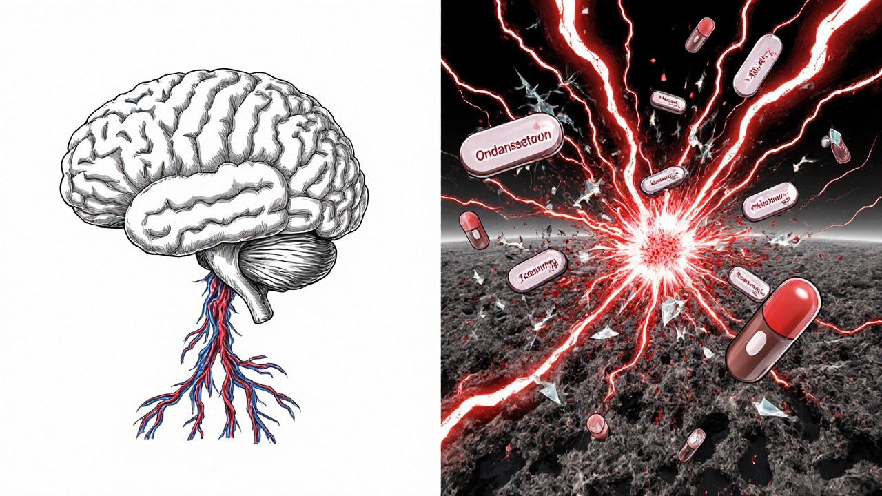 Surreal medical battlefield showing calm brain vs chaotic nervous system with clashing drug symbols and crimson lightning.