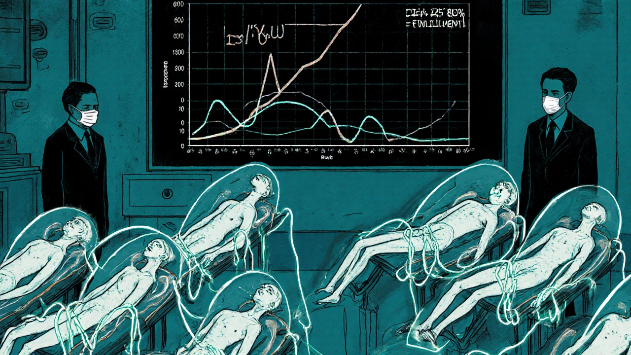Volunteers in suspended pods connected to glowing tubes tracing drug absorption in a clinical lab.