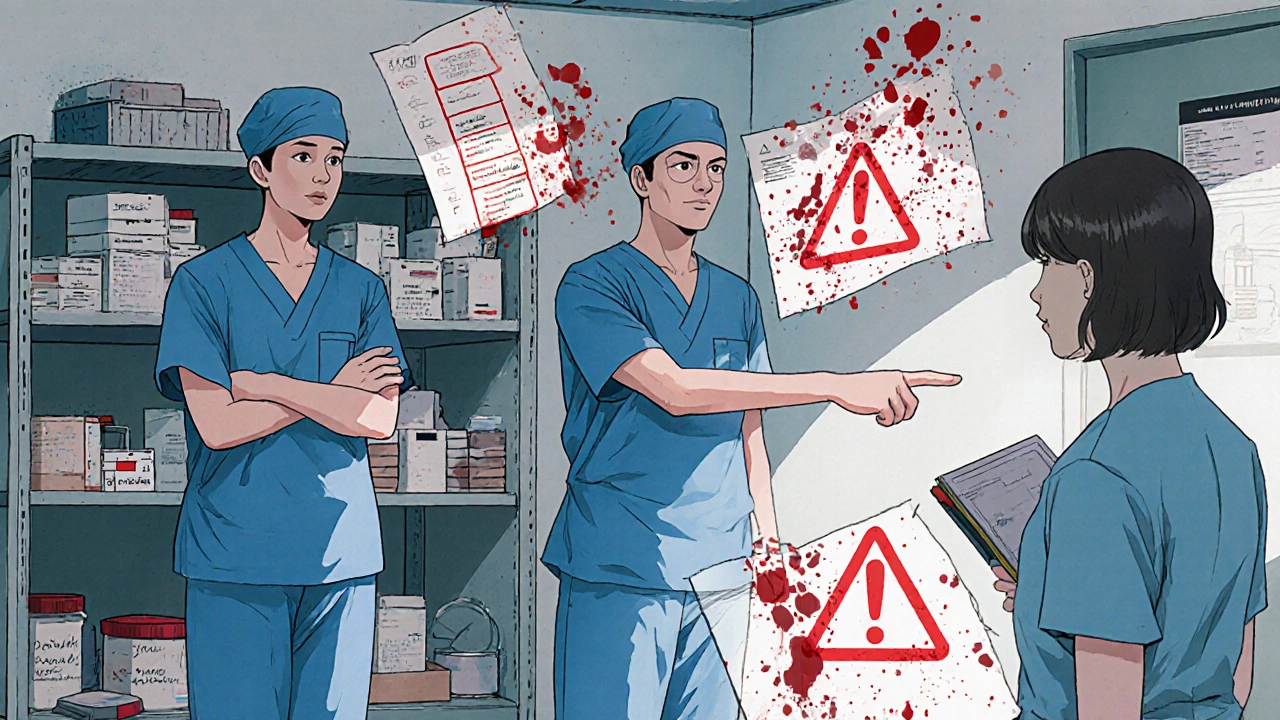 Workers frozen during a mock inspection as floating violation symbols hover over messy records.