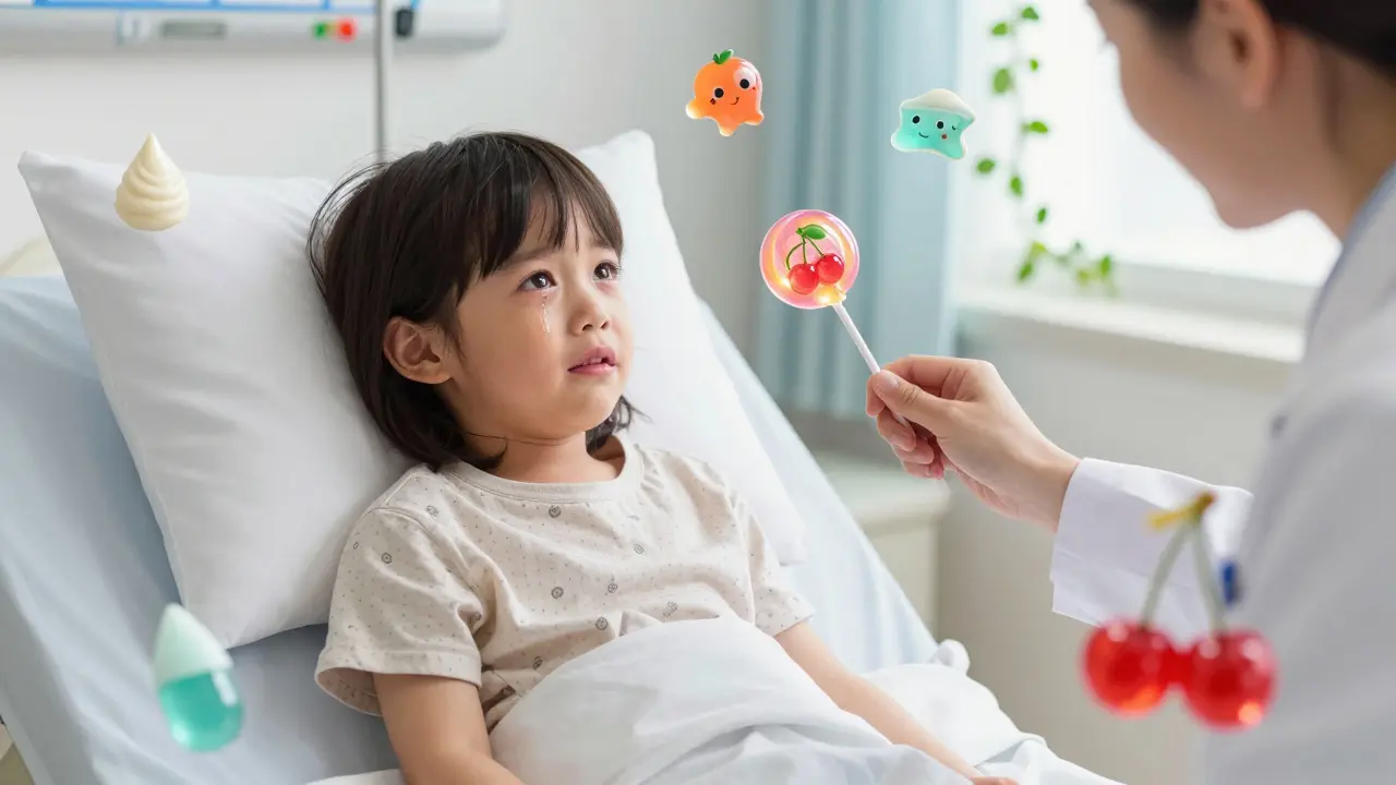 A child receiving a glowing flavored lollipop instead of a bitter pill, surrounded by floating medicinal shapes.