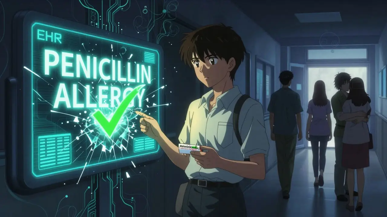 A digital medical record shatters as a green checkmark appears, patients walk into sunlight with amoxicillin prescriptions, AI patterns glow subtly in the background.