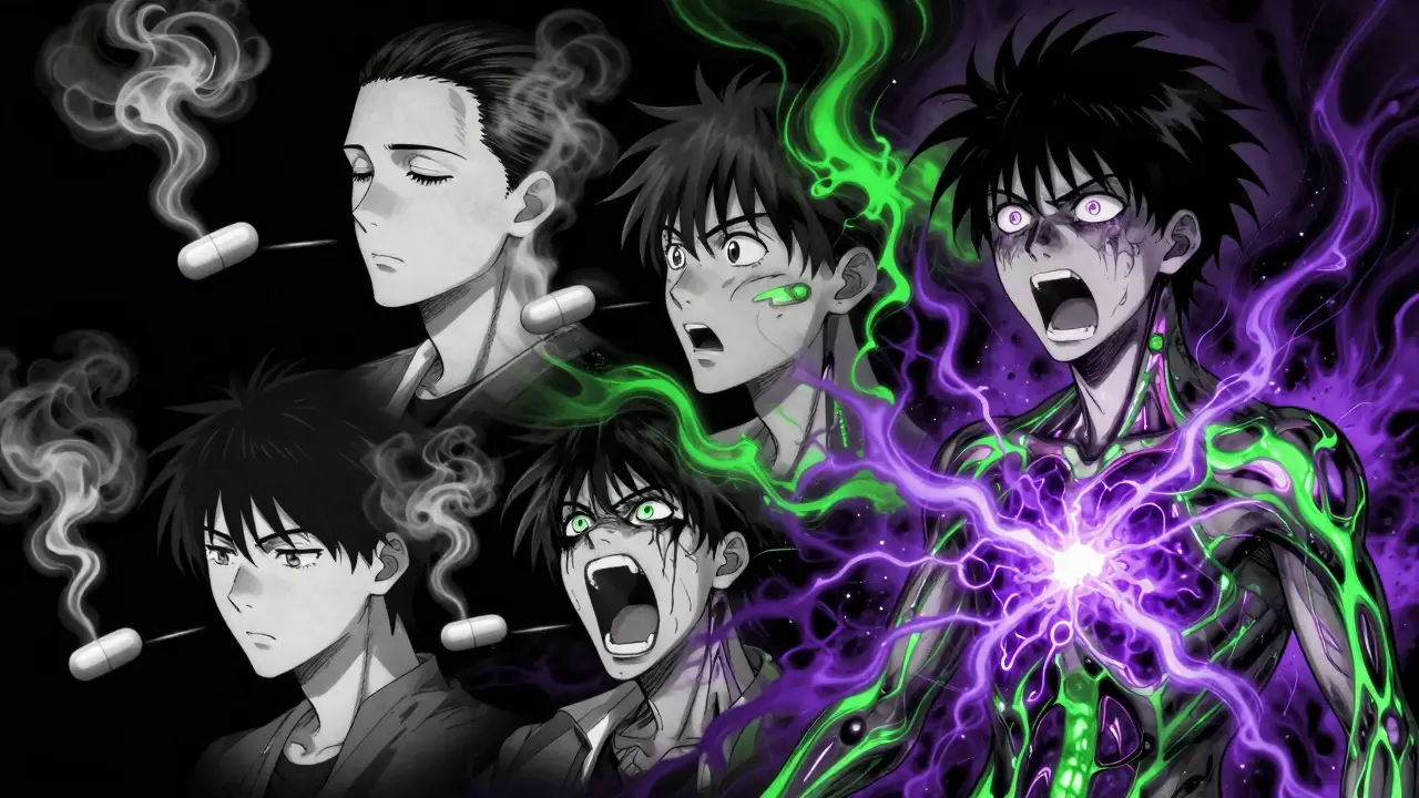 A genetic face with three expressions reacting to codeine, transforming into morphine smoke with bioluminescent veins.