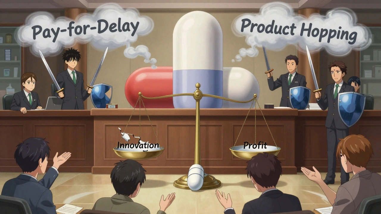 A giant brand pill towering over a small generic tablet in a courtroom filled with patent weapons.