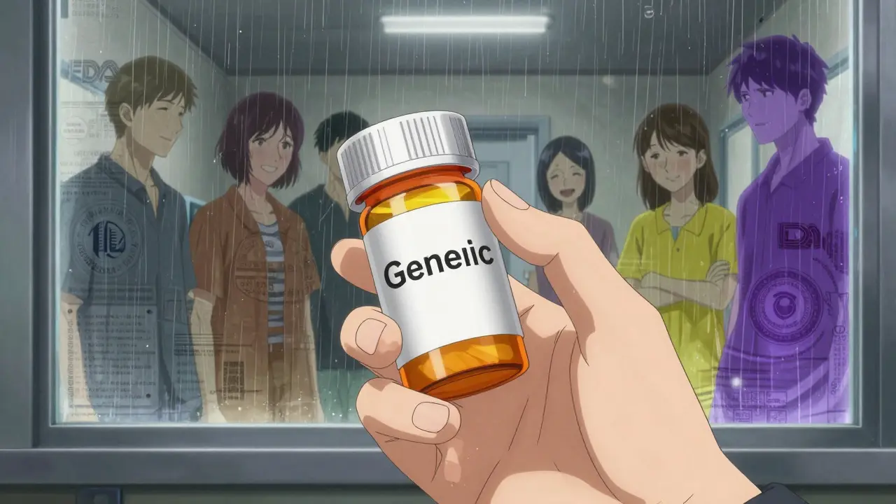 A hand holding a generic prescription bottle with ghostly patient figures and FDA seals drifting behind, rain on a window.