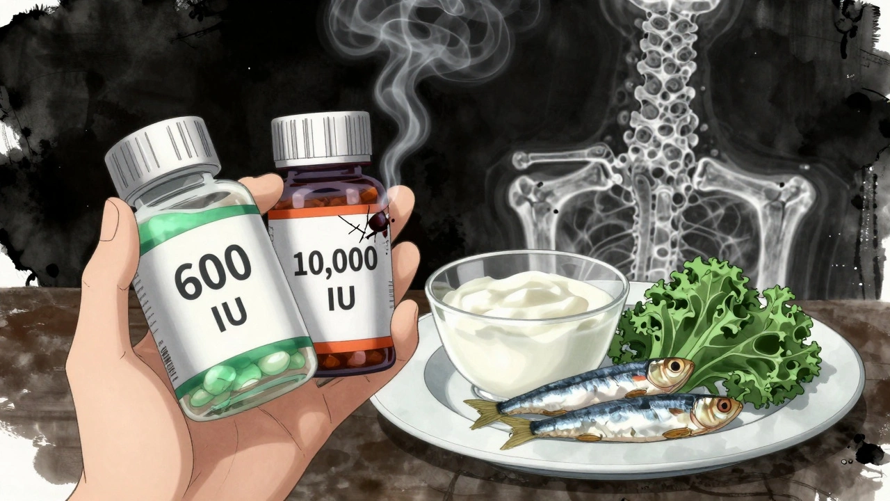 A hand holding two vitamin D bottles—one glowing, one cracked—next to calcium-rich foods and a bone scan overlay.