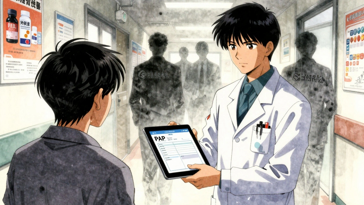 A hospital specialist helping a patient with a PAP application, corporate shadows in the background, clinical lighting, emotional intensity.