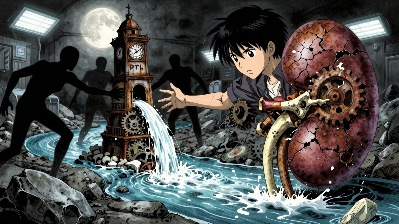 A kidney clocktower pouring phosphate into a calcifying river, with calcium, PTH, and vitamin D figures separated by toxins.