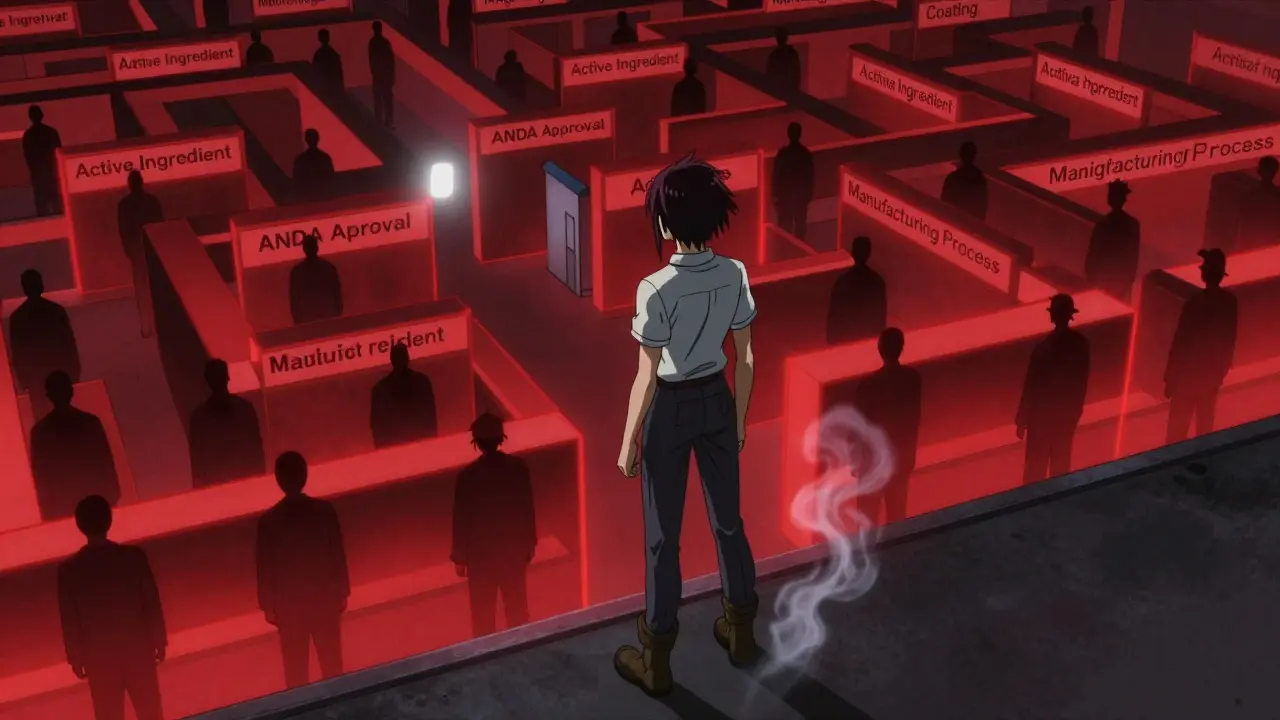 A lone generic drug maker faces a labyrinth of glowing patent barriers in a shadowy legal maze.