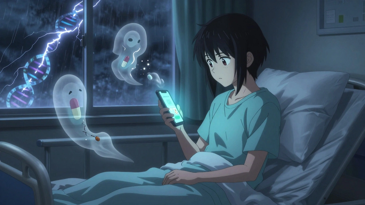 A patient at night with ghostly pills floating around them, illuminated by a phone reminder alarm in a dark room.