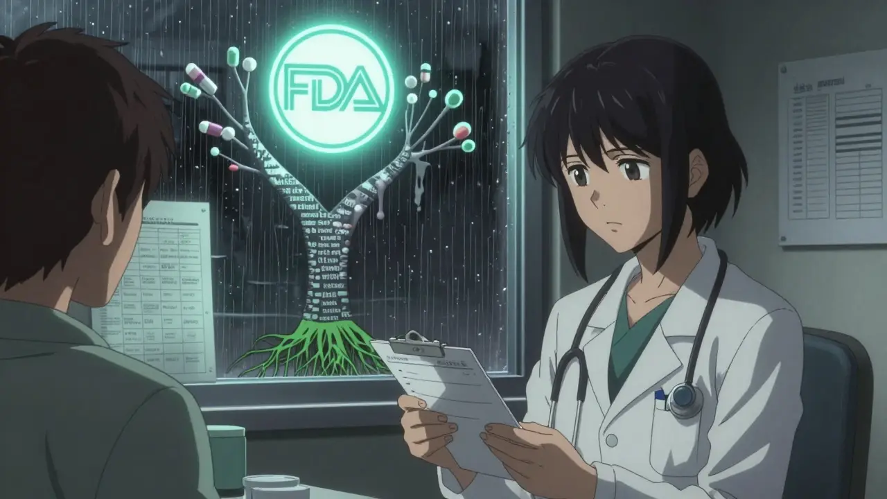 A patient in a doctor’s office, their shadow transforming into a tree of drug tiers under a glowing FDA seal.