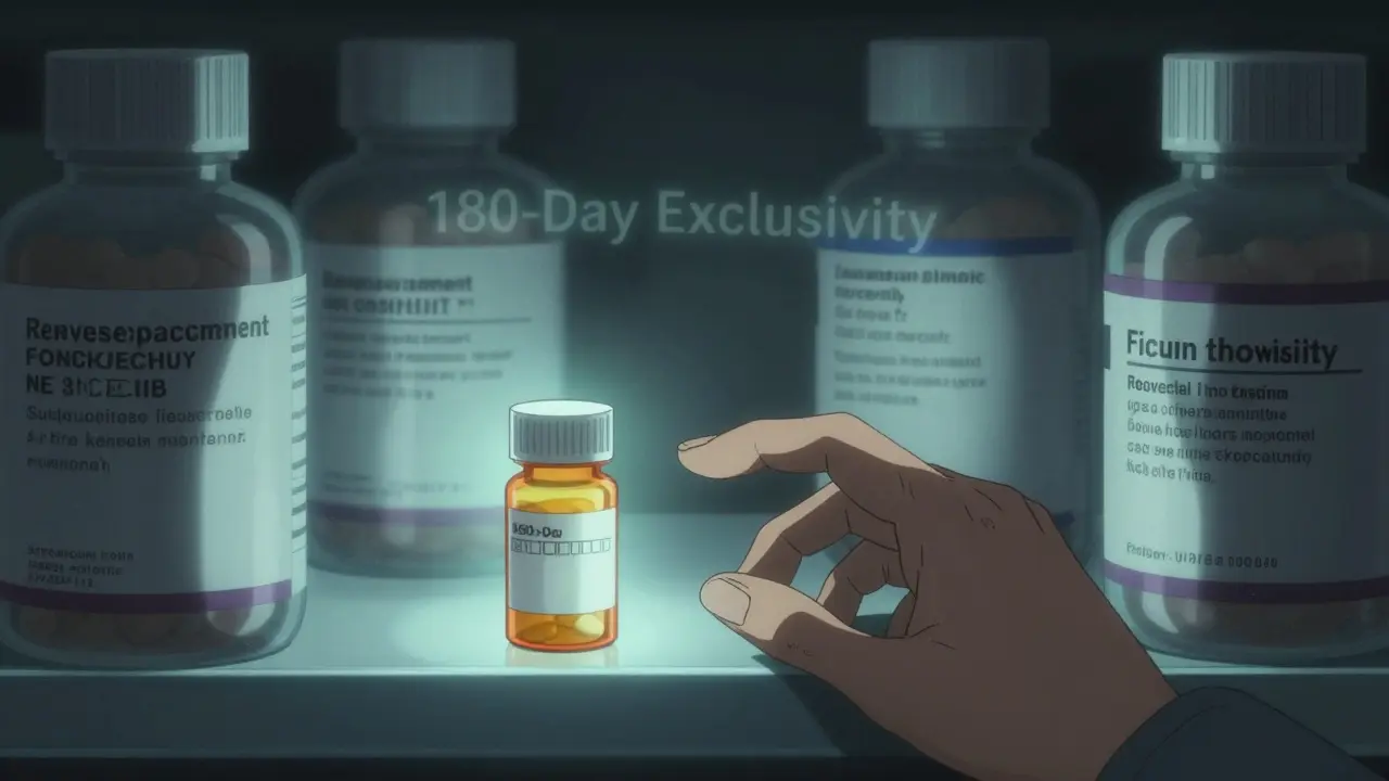 A patient reaches for a single lit generic pill on a dark shelf, while ghostly brand-name bottles loom behind.