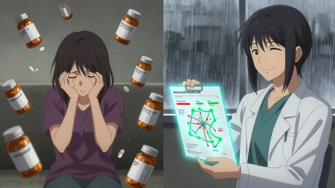 A patient surrounded by broken pills on one side, and a glowing genetic report on the other.