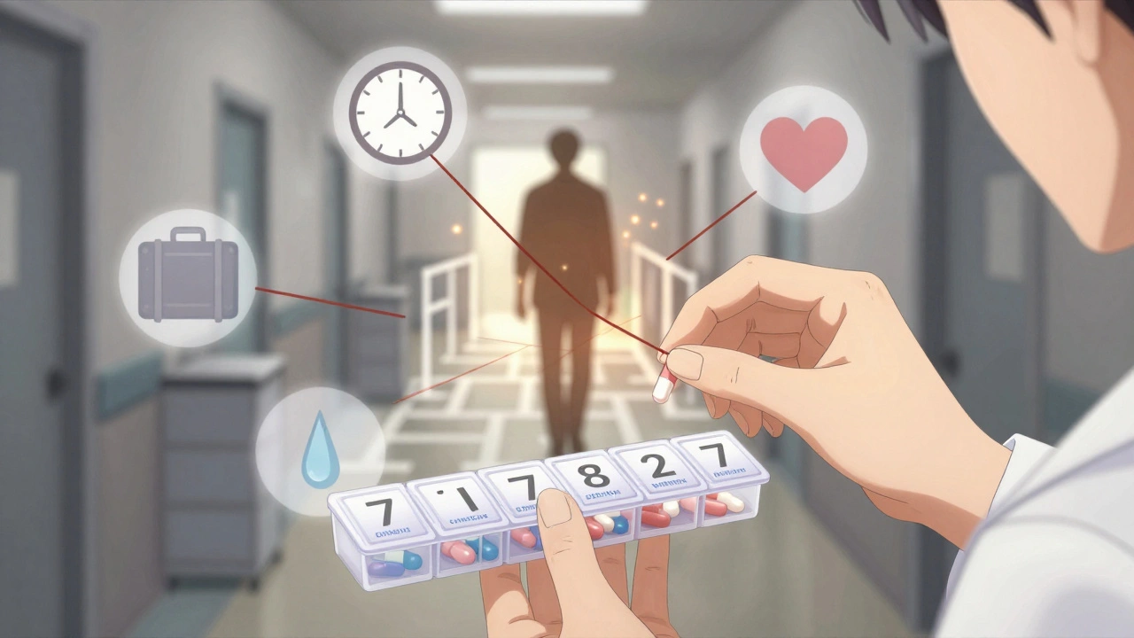 A pharmacist placing a single pill into a weekly organizer, surrounded by symbolic icons of travel, time, and emotion.