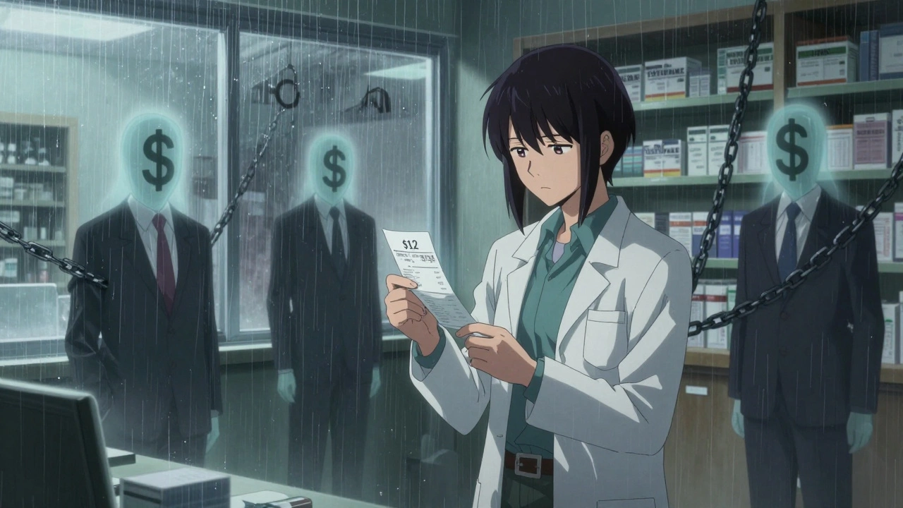 A pharmacist staring at a loss-making prescription receipt, ghostly PBMs looming in the background.