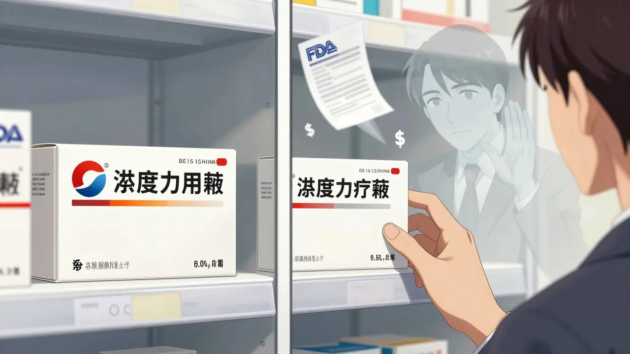 A pharmacy shelf with two identical drug boxes—brand and generic—side by side, a ghostly CEO whispering nearby.