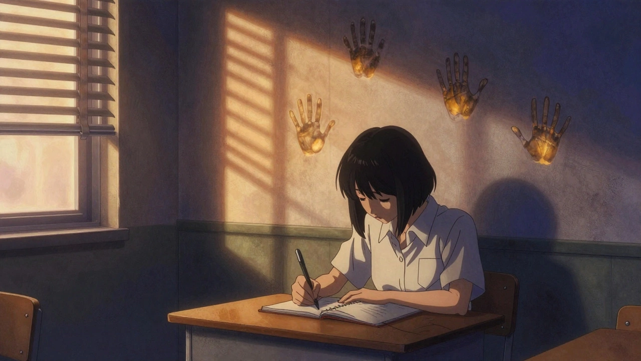 A student writes in a journal as ghostly handprints glow softly on the classroom wall at dusk.