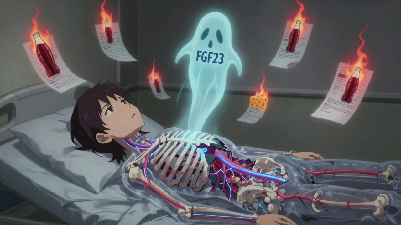 A transparent patient with crumbling bones and calcified arteries, surrounded by a rising FGF23 spirit and burning food symbols.