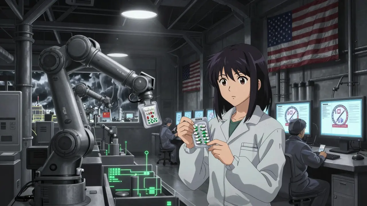 A U.S. drug factory with robots packaging pills, glowing FDA approval clocks, and distant overseas factories in the stormy background.