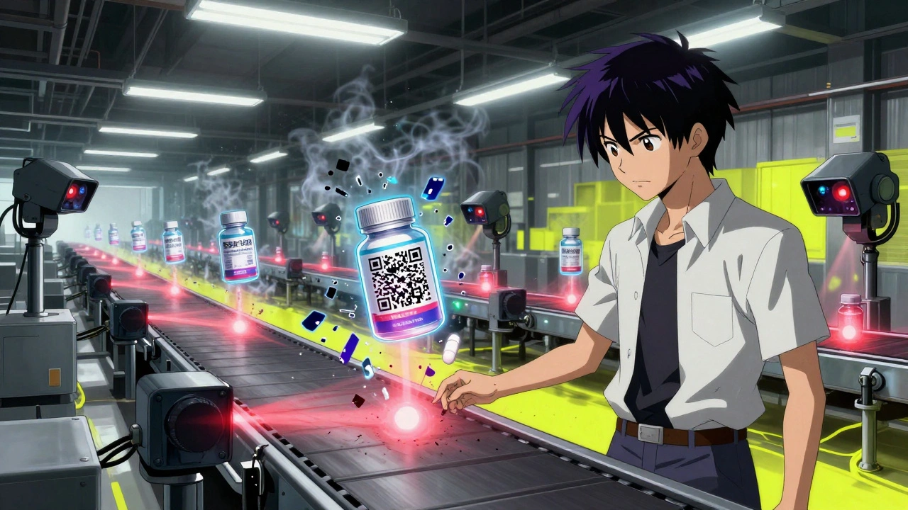 AI cameras inspecting pill bottles on a conveyor belt, rejecting a fake with digital fragments exploding.
