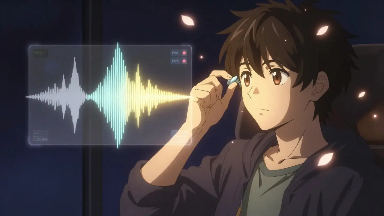 An audiologist adjusts a hearing aid as transparent sound graphs show improved amplification.