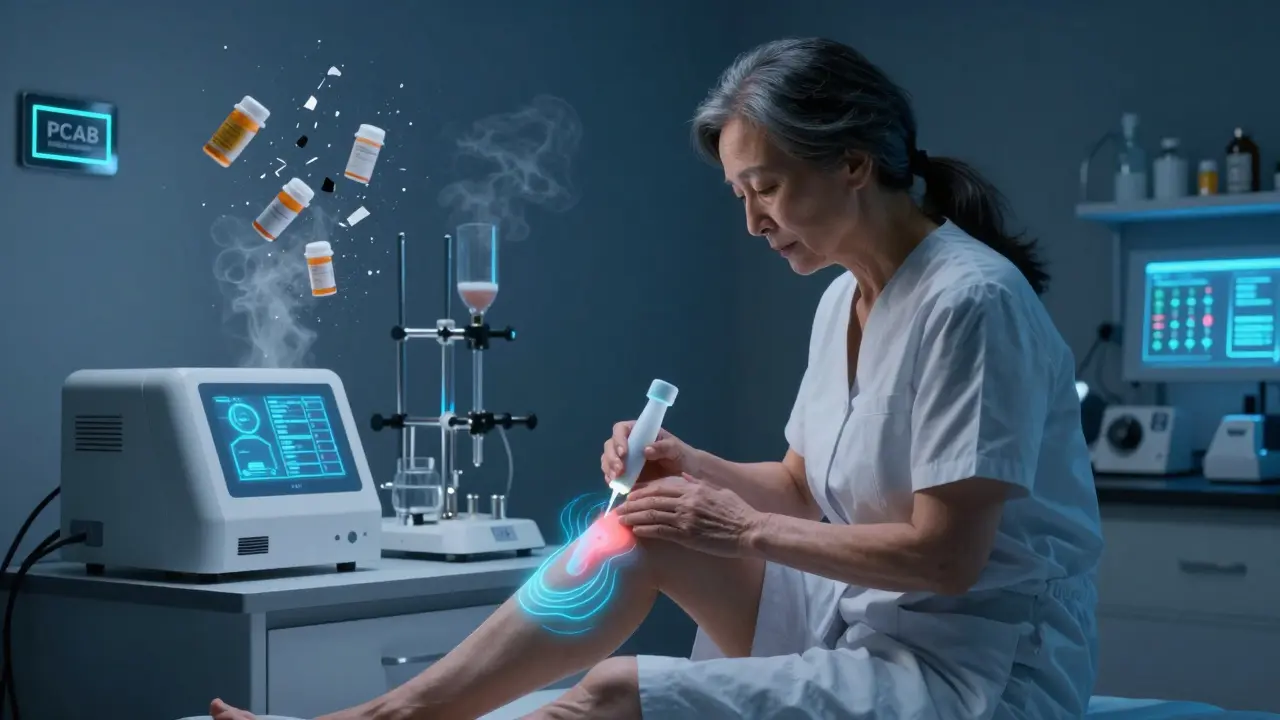 An elderly person applying glowing cream to their skin, with fading pain symbols and shattered pill bottles in the background.