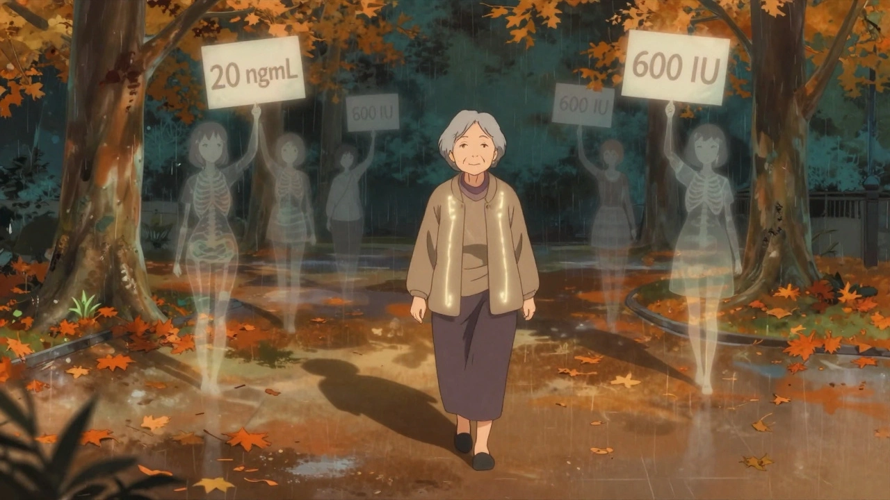 An elderly woman walking in autumn park, her glowing skeleton casting a strong shadow among falling leaves.