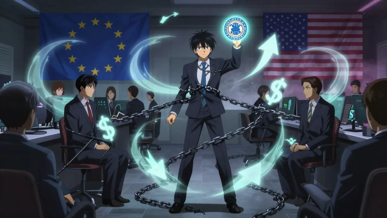 Bank traders ensnared by financial risk symbols, one breaking free with a U.S. Fed emblem.