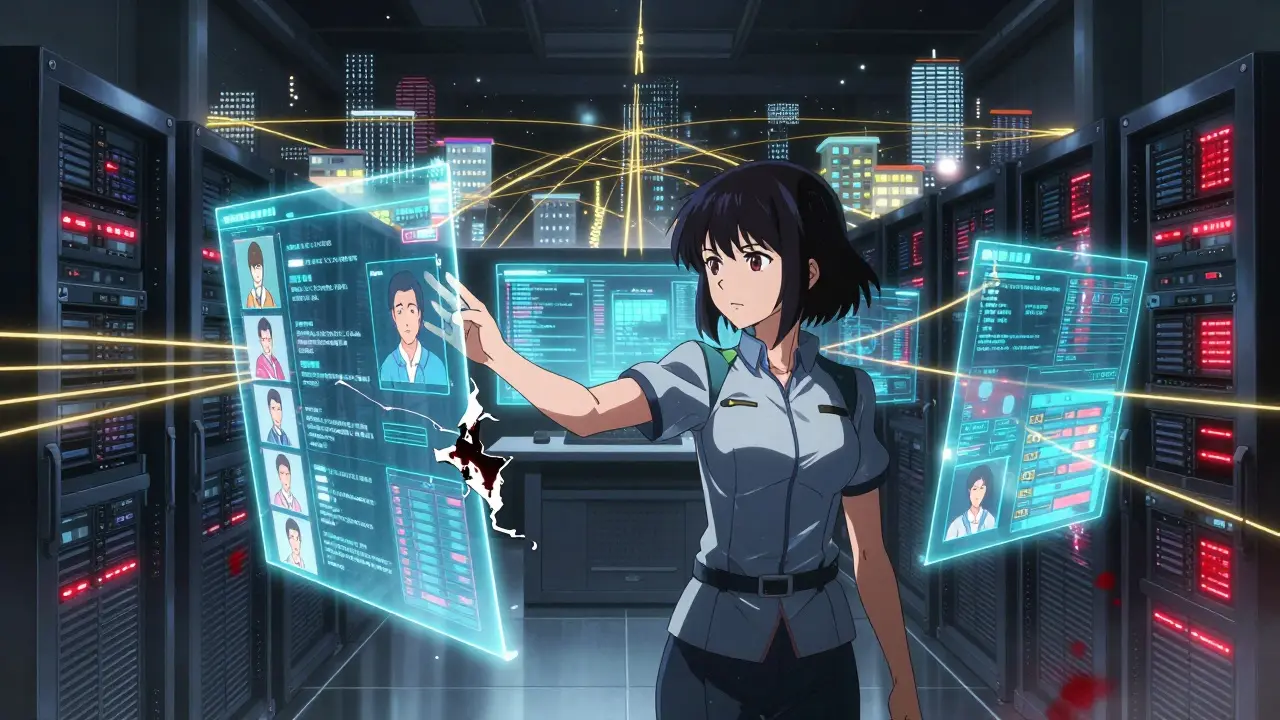 Central pharmacy hub with holographic patient data streams connected across cities, red alerts flickering in neon-lit server room.