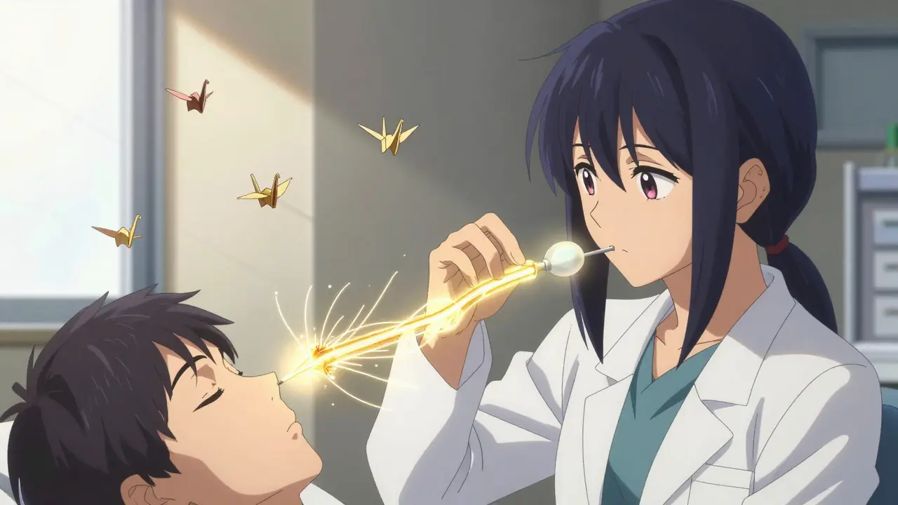 Doctor inserting balloon catheter into nose, glowing Eustachian tube expanding with golden filaments.