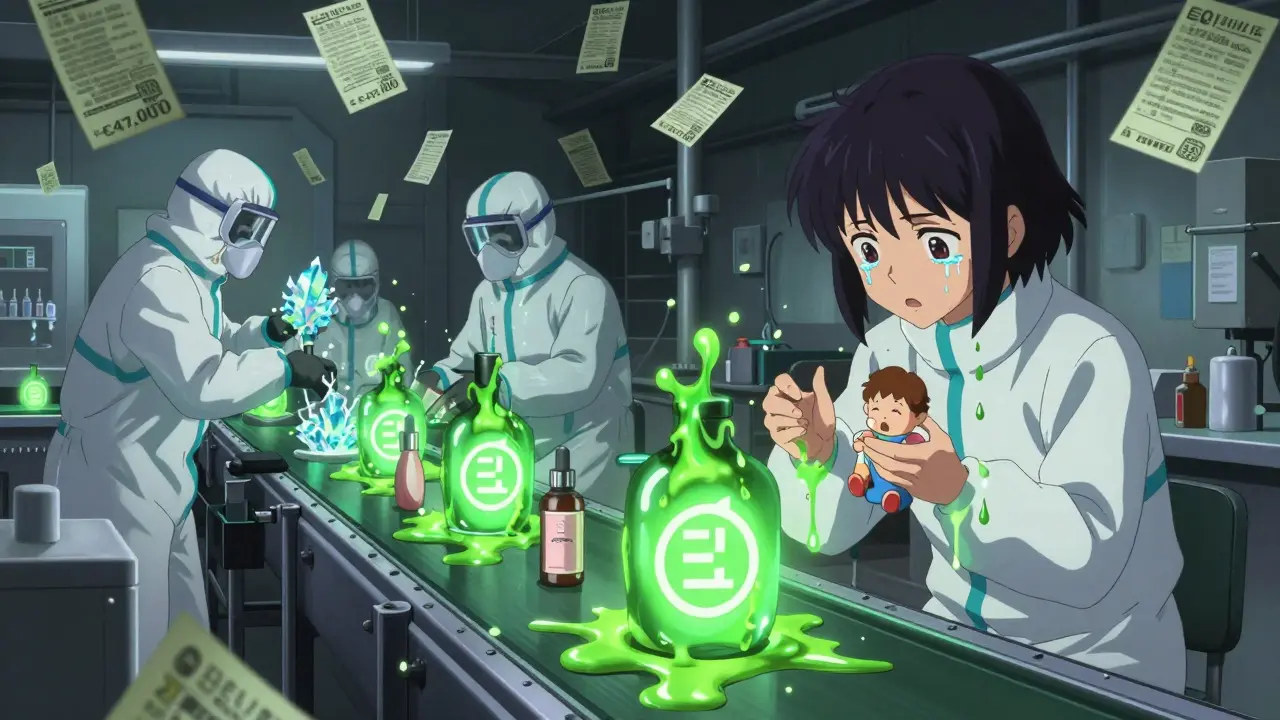 Factory workers replacing toxic chemicals with clean alternatives under EU REACH regulations.