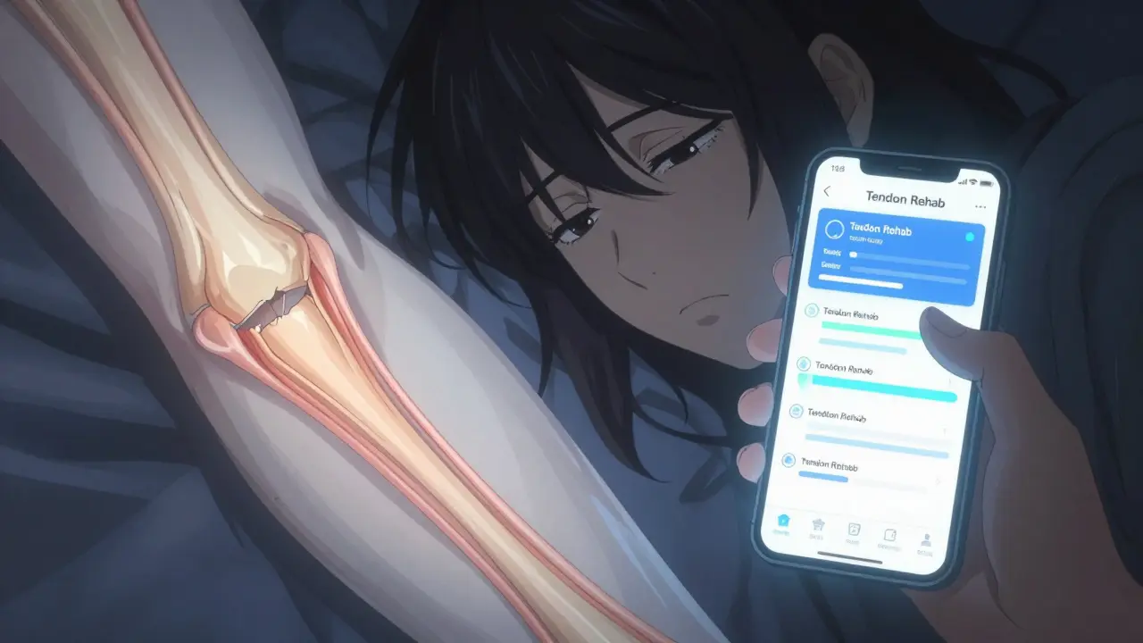 Hand holding phone with tendon rehab app, translucent tendon healing in overlay.
