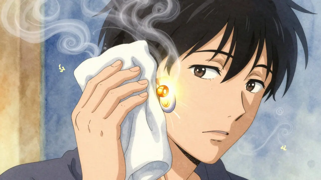 Hand holding warm cloth to ear, steam forming tiny tubes, golden light pulsing through the ear canal.