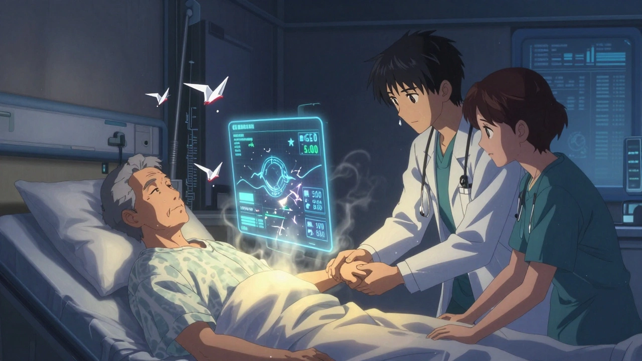 Holographic health data surrounds senior patient as doctor and caregiver hold hands, AI dosage suggestions like paper cranes.