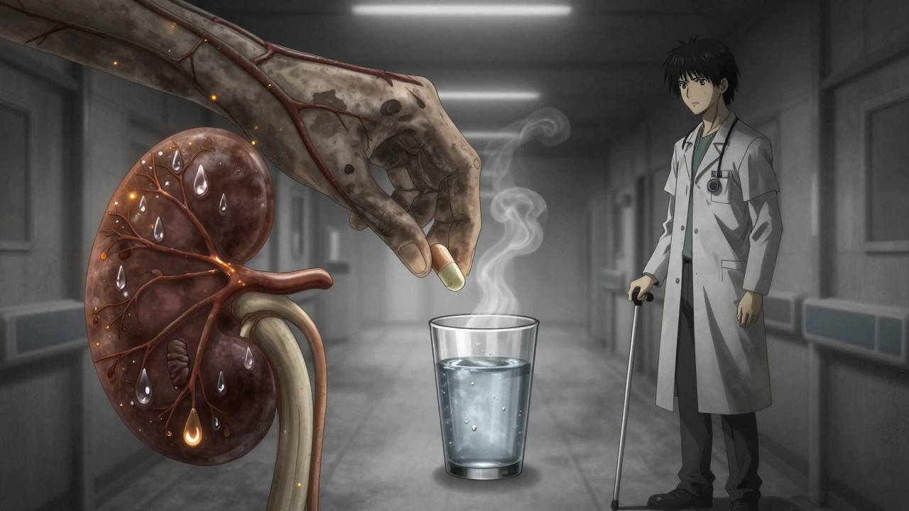 Medical diagram of kidneys with water droplets, naproxen dissolving into steam and water.