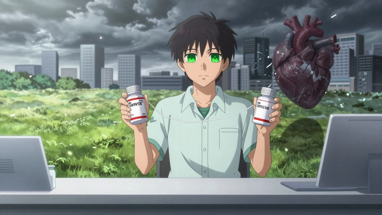 Patient at pharmacy with two pill bottles, one leading to calm meadow, the other to stormy city, heart shadow cracking.