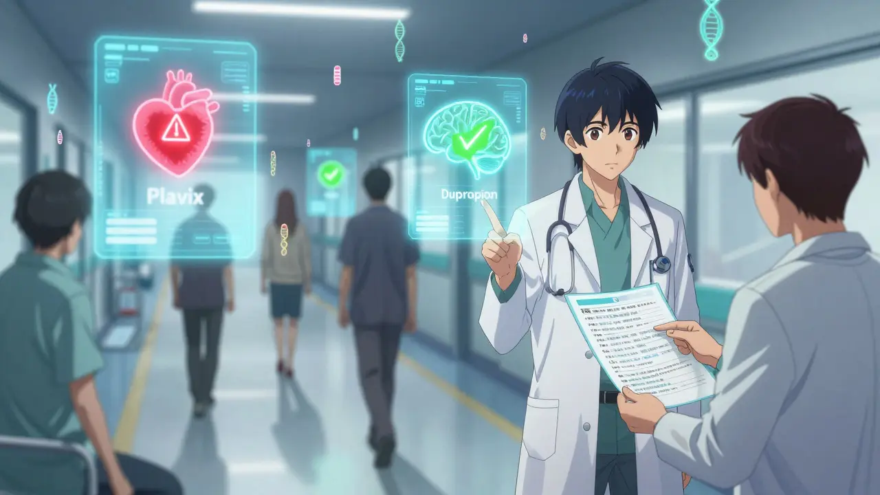 Patients in a hospital hallway with floating holographic genetic profiles glowing in neon lights.