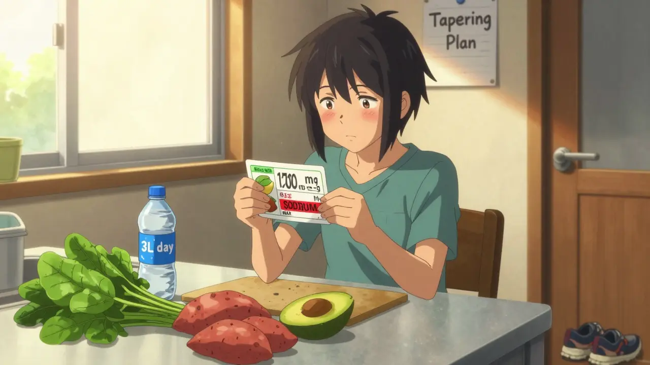 Person eating low-sodium foods at a kitchen table, water bottle and doctor's note visible.