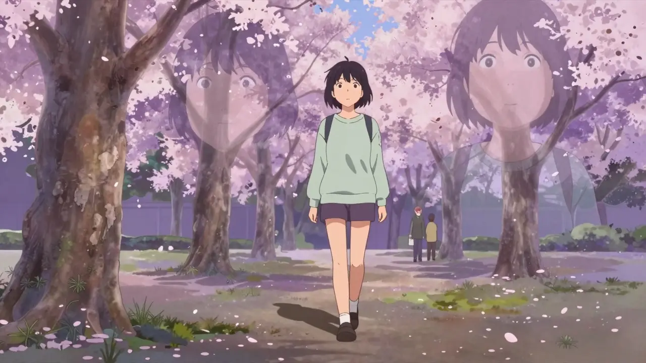 Person walking in spring park, face gradually returning to normal, ghostly puffiness fading into trees.