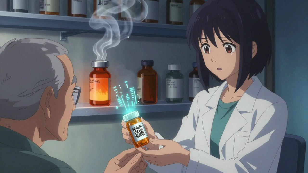 Pharmacist gives new prescription to elderly patient, glowing QR code on bottle, expired meds fading behind.